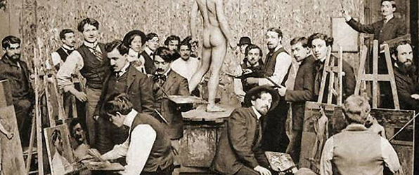 A 19th-century photograph of the French École des Beaux-Arts. What must have been a typical scene at an academy where a life drawing class is in progress.