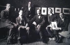 Futurist artists in 1913; from left - Decio Cinti, Luigi Russolo, Armando Mazza, Filippo Tommaso Marinetti, Paolo Buzzi, and Umberto Boccioni