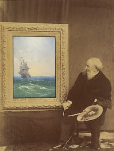 In 1887, Aivazovsky hosted a dinner party for 150 friends, at which he gifted each guest a miniature painting set into a studio photograph of himself at work.