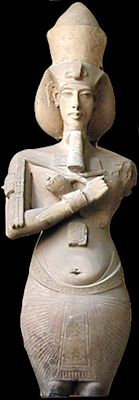 This statue of the New-Kingdom pharaoh <i>Akhenaton</i> (ca. 1353-1335 BC) features the curved lines and sensual body-shape typical of the art of his reign.