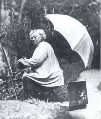 This photograph of Jean-Baptiste Camille Corot shows him painting outdoors with a large umbrella used by artists to counter the glare of the sun