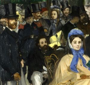 <i>Music in the Tuileries Gardens</i> (1862). Manet incorporated family and friends into scenes of modern Parisian life at the suggestion of his friend Baudelaire.