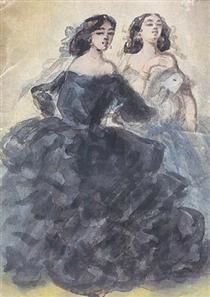 Constantin Guys, <i>Demi-mondaines</i> (1860). Guys, whose graphic drawings depicted scenes from the everyday life of the Parisian bourgeois classes, became the protagonist in Baudelaire's “The Painter of Modern Life”.