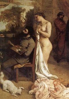 <i>The Painter's Studio</i> (1854-55) by Gustave Courbet. The artist inserts himself into the painting, indicating Realism's newfound emphasis on depicting the life of the artist and his personal world, an emphasis carried forward by Impressionism.
