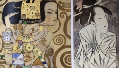 The Japanese Influence: Left: Klimt's <i>Expection, Stoclet Frieze</i> (detail) (1911); Right: Hosoda Eisho's <i>The Courtesan Kasugano</i> (detail) (1795)