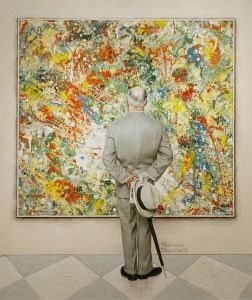 The Connoisseur (1962) is Rockwell’s famous image of a gentleman viewing (and engulfed in) abstract art.