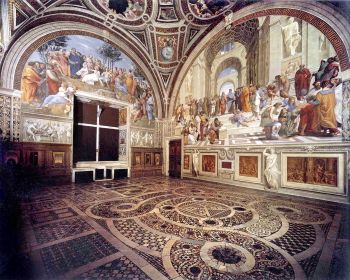 This contemporary photograph of the Stanza della Segnatura in the Apostolic Palace of Vatican City shows, from left to right, Raphael's The Parnassus and The School of Athens (both 1509-1511).