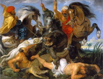 Color drives the composition in Peter Paul Rubens's <i>Hippopotamus and Crocodile Hunt</i> (ca. 1615)