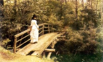 Ilya Repin,<i> Vera Repin on the bridge in Abramtsevo</i> (1879). During the 1870s and 1880s leading Russian artists arrived at the Abramtsevo Colony which was seen as a hub for artistic experimentation and creative thinking.