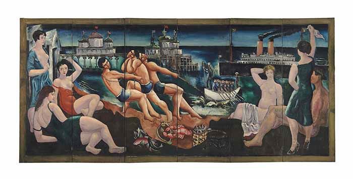 Beach Scene with Bathers, Pier and Ships (1925)